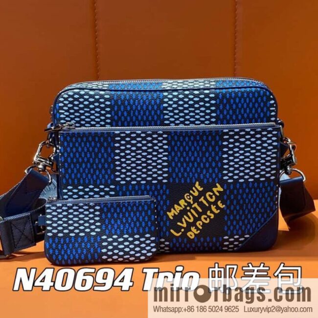 [Boutique‑grade] N40694 blue grid, men\'s bag messenger bag three-piece series Trio messenger bag