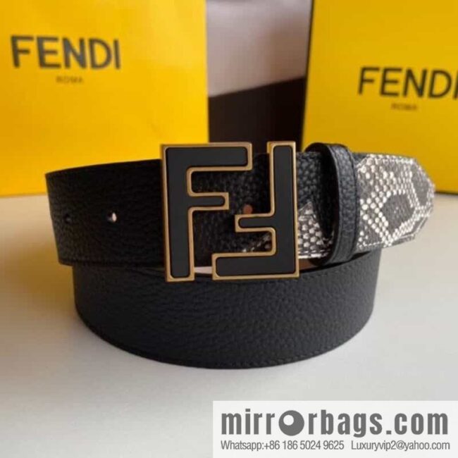 FENDI Fendi FF logo exquisite craftsmanship metal buckle first layer cowhide splicing snake skin belt