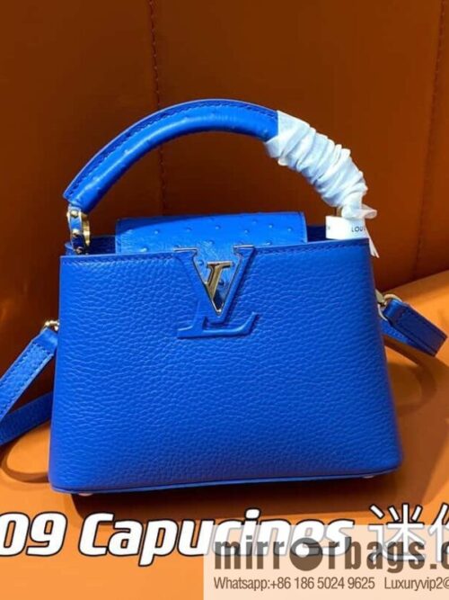 [Boutique‑grade] M81409 blue ostrich, full leather cap that English series Capucines mini handbag