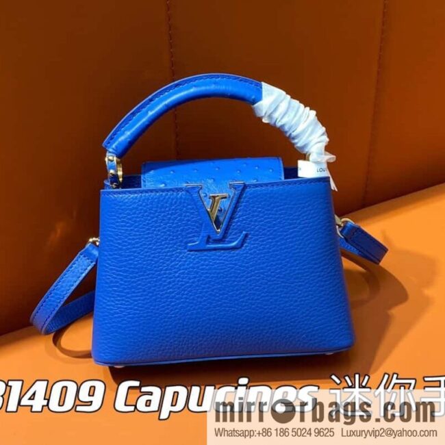 [Boutique‑grade] M81409 blue ostrich, full leather cap that English series Capucines mini handbag