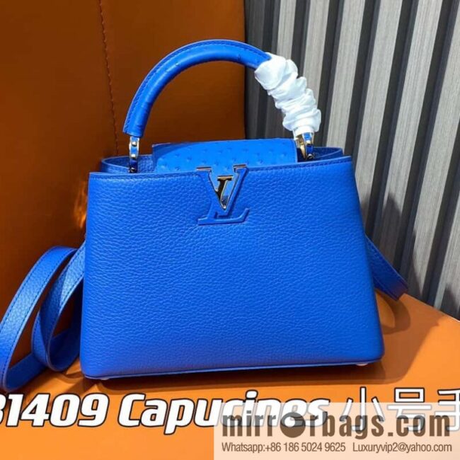 [Boutique‑grade] M81409 blue ostrich, full leather cap that English series Capucines small handbag