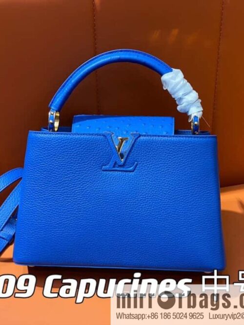 [Boutique‑grade] M81409 blue ostrich, full leather cap that English series Capucines medium handbag