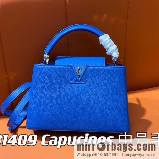 [Boutique‑grade] M81409 blue ostrich, full leather cap that English series Capucines medium handbag