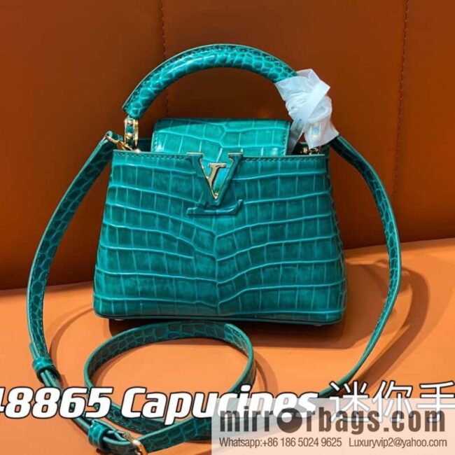 [Boutique‑grade] M48865 green, crocodile pattern full leather cap that English series Capucines mini handbag