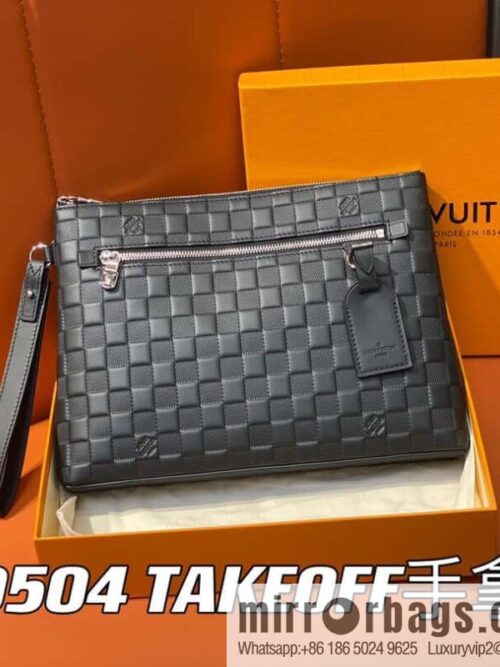 [Premium‑quality] N40504 black full leather pressing grid, clutch bag series TAKEOFF clutch bag