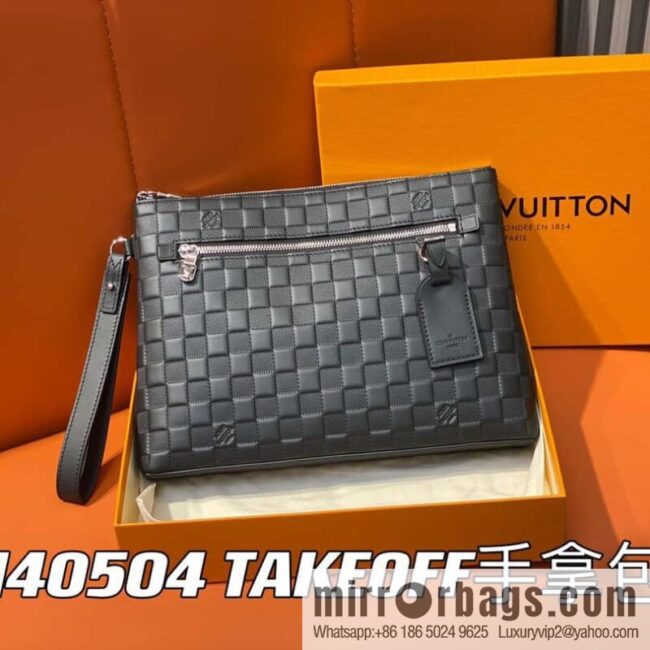 [Premium‑quality] N40504 black full leather pressing grid, clutch bag series TAKEOFF clutch bag