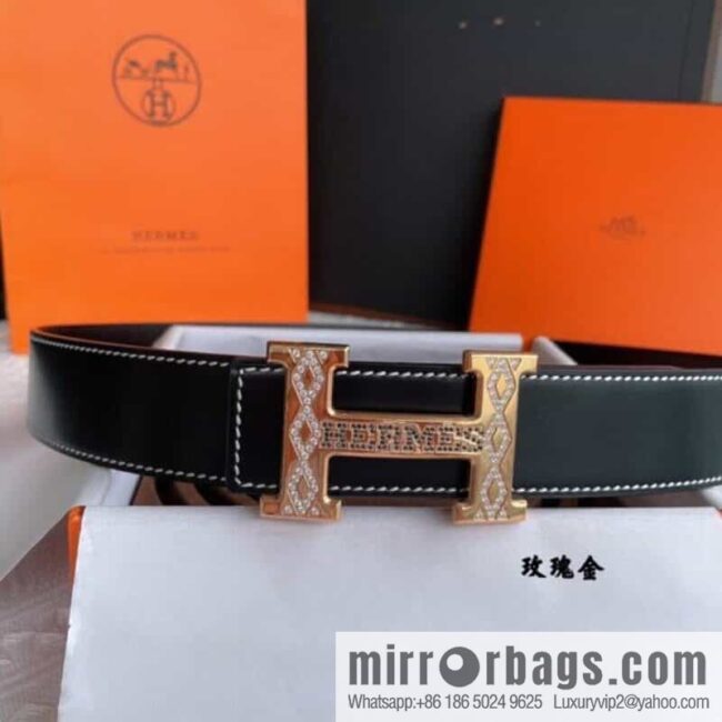 Hermès, stainless steel h inlaid with diamond metal buckle men\'s 3.8cm first-layer cowhide belt