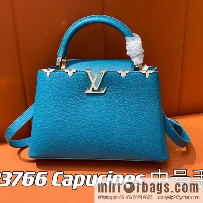 [Boutique‑grade] M23766 blue flower crown, full leather cap, that English series Capucines medium handbag