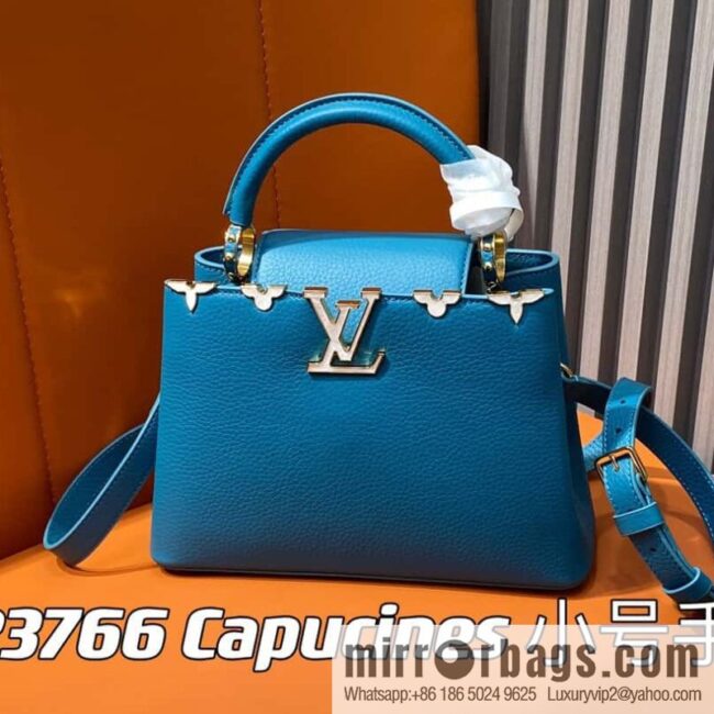 [Boutique‑grade] M23766 blue flower crown, full leather cap that English series Capucines small handbag