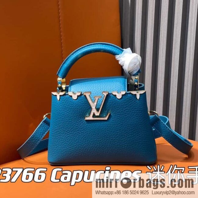 [Boutique‑grade] M23766 blue flower crown, full leather cap, that English series Capucines mini handbag, this Capucines Flower Crown handbag