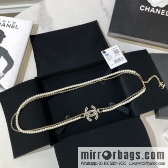 Chanel Double C Black Leather Rope Double Pearl Necklace Sweater Chain