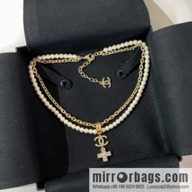 Chanel Double C Cross Double Pearl Necklace
