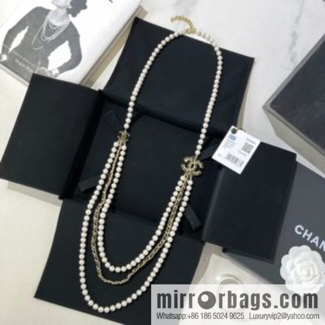 Chanel Double C Black Leather Rope Pearl Necklace Sweater Chain