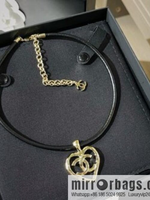 New ☑️ Chanel double c peach heart black leather rope choker necklace