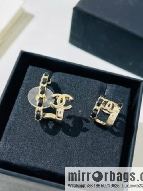 New ☑️ Chanel black leather rope double c asymmetrical stud earrings clip