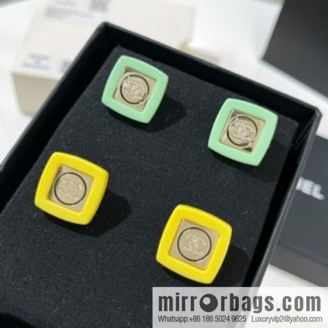 New ☑️ Chanel double c yellow green acrylic stud earrings