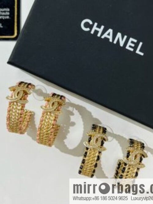 New ☑️ Chanel double c pink black leather rope stud earrings