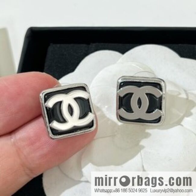 New ☑️ Chanel double c square black and white stud earrings