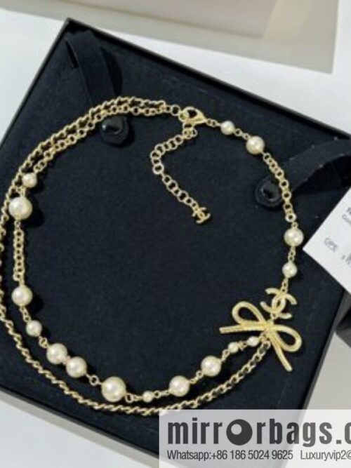 New ☑️ Chanel bow black leather rope pearl necklace necklace necklace