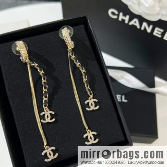 New ☑️ Chanel double c tassel black leather rope stud earrings