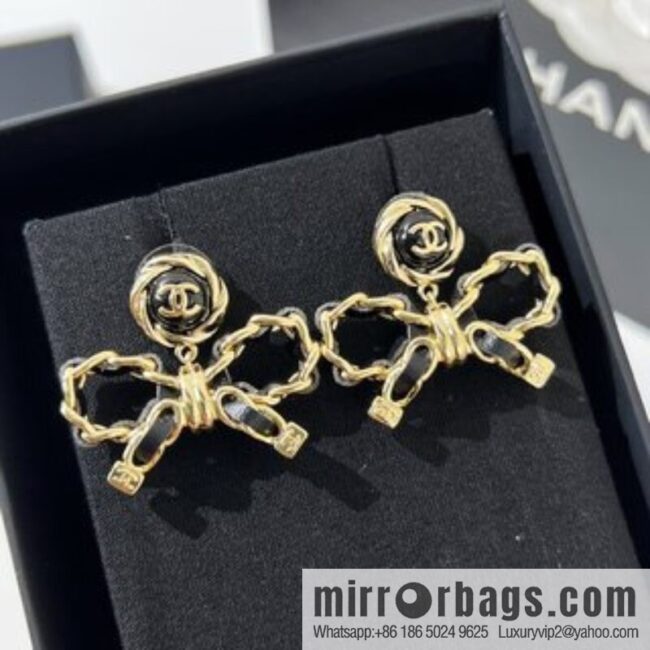 New ☑️ Chanel double c black leather rope bow stud earrings