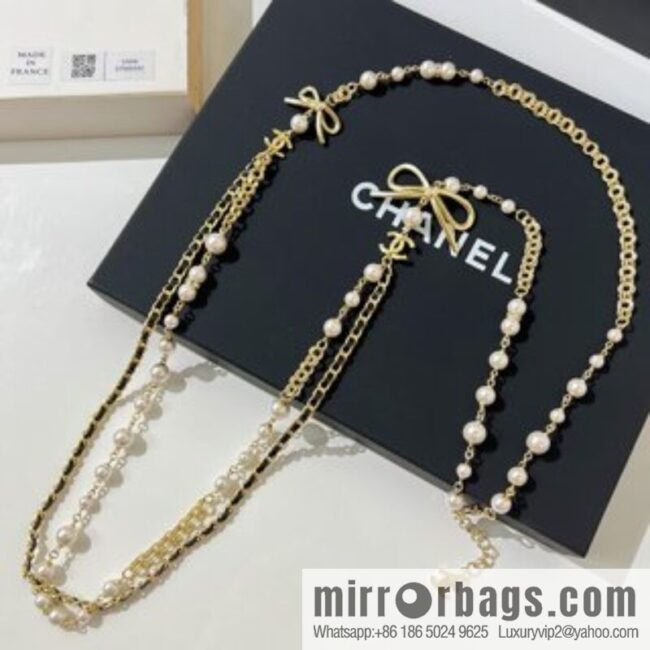 New ☑️ Chanel double c black leather rope bow sweater chain necklace