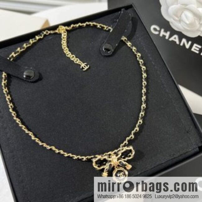 New ☑️ Chanel double c black leather rope bow necklace