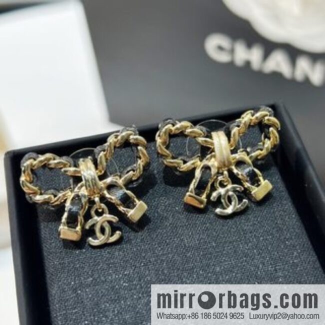 New ☑️ Chanel double c black leather rope bow stud earrings