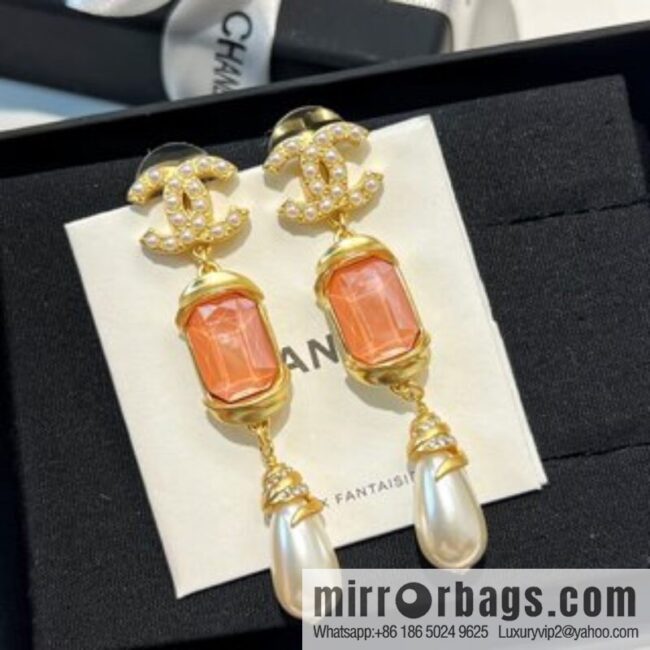 New ☑️ Chanel c3 double c pink square diamond pearl stud earrings