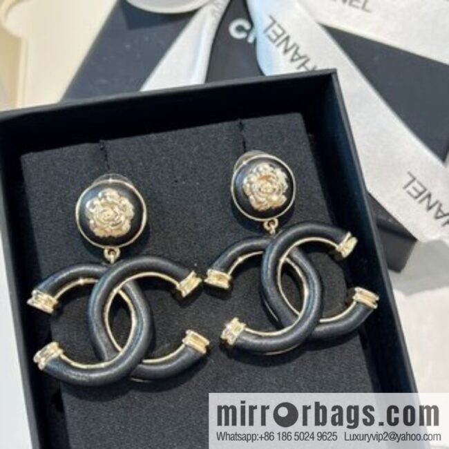 New ☑️ Chanel c2 double c black leather camellia stud earrings