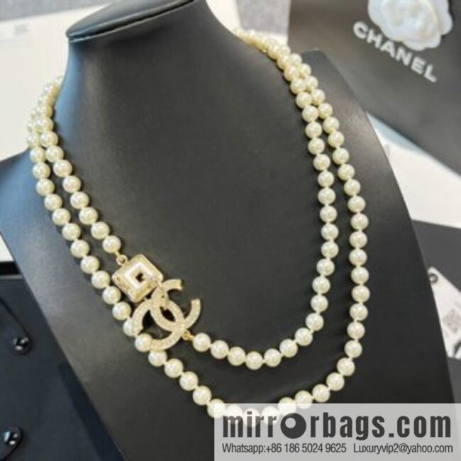 New ☑️ Chanel double c full diamond pearl sweater chain necklace