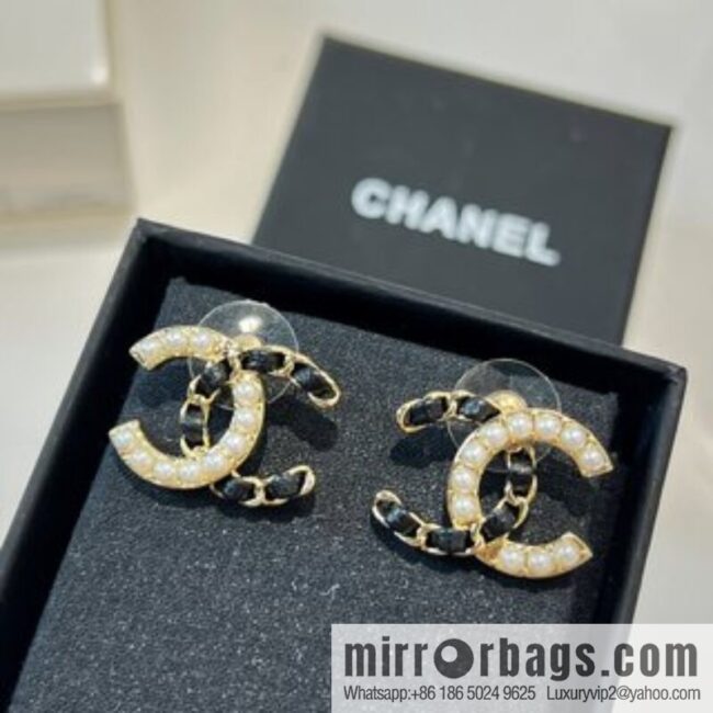 New ☑️ Chanel double c pearl black leather rope stud earrings