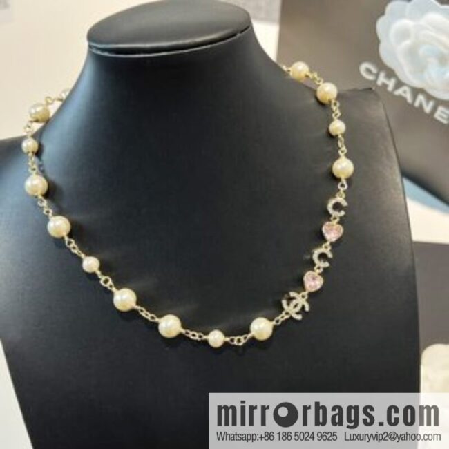 New ☑️ Chanel double c pearl coco pink peach heart love necklace neck chain