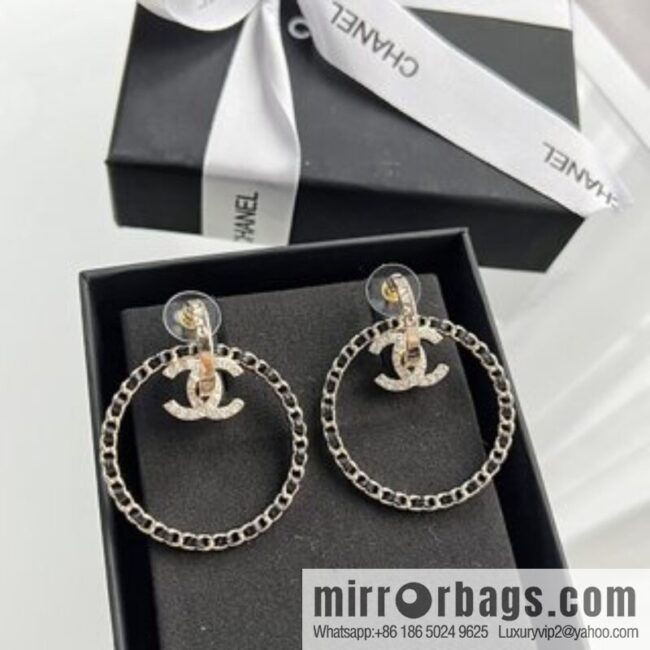New ☑️ Chanel double c black leather rope round stud earrings