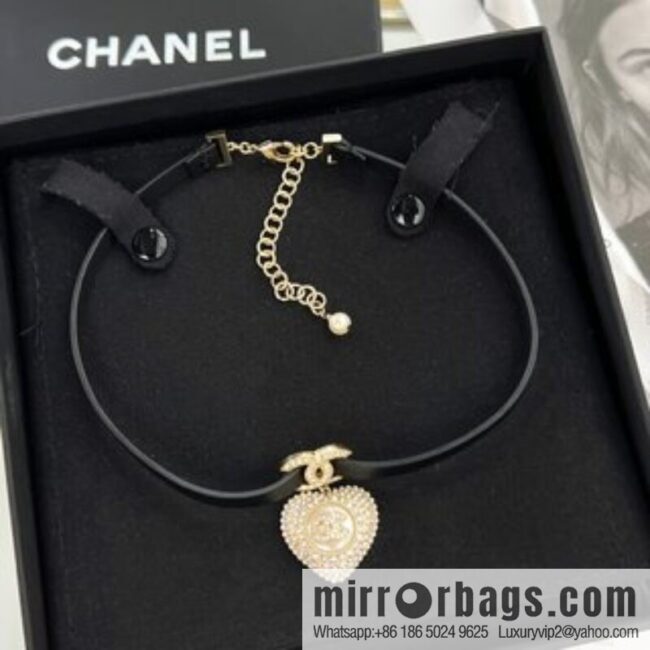 New ☑️ Chanel full diamond peach heart double c black leather rope necklace