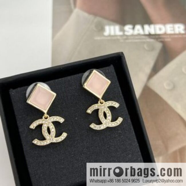 New ☑️ Chanel c2 double c square pink gem stud earrings