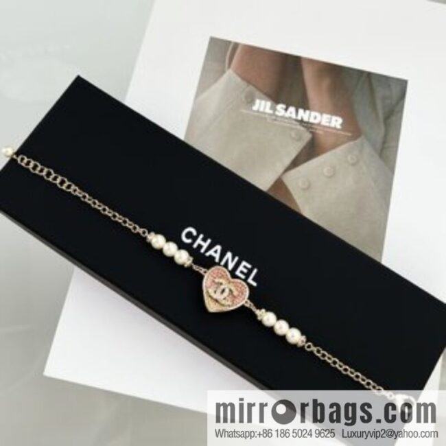 New ☑️ Chanel double c peach heart love full diamond pearl bracelet