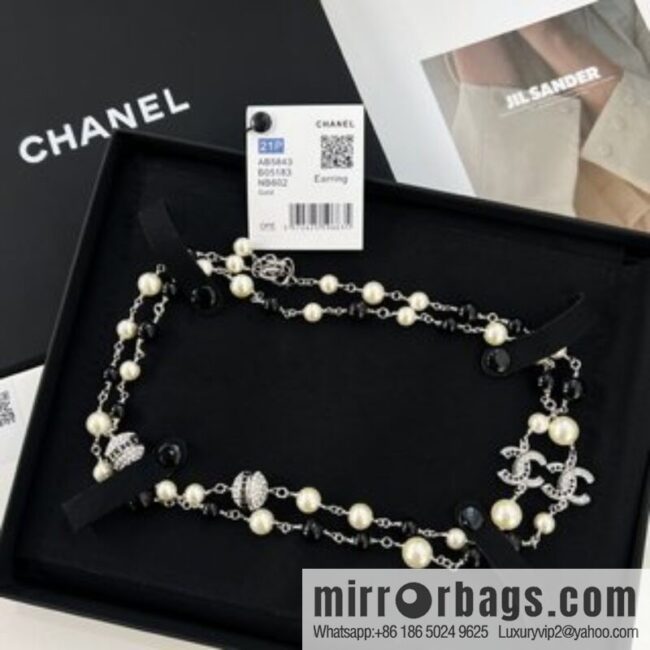 New ☑️ Chanel Double C Saturn Black Pearl Necklace Sweater Chain