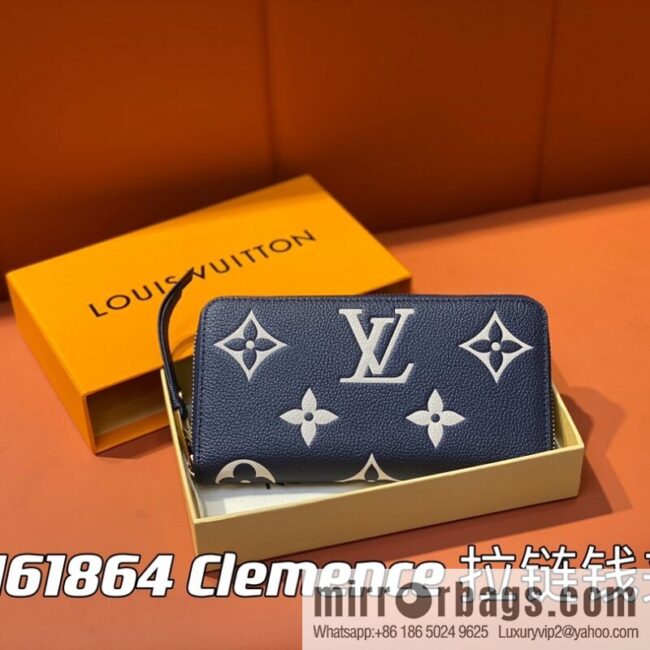 [Premium‑quality] M61864 dark blue silk screen, full leather single zipper wallet series Clemence zipper wallet