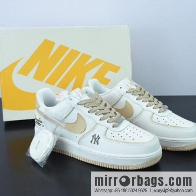 MLB x Nike Air Force 1 Low \"MLB/Khaki\" Air Force One \"leather (fabric) beige khaki edge NY printed\" low top sneakers item number: BS8806-555