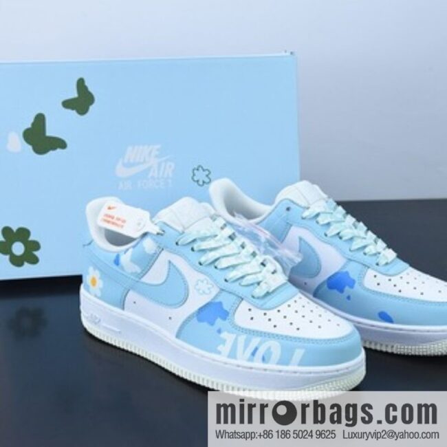 Air Force 1 07 LV8 🥰 Light Blue/Love \"Air Force One Sky Blue White Butterfly Flowers printed\" Low Top Sneakers SKU CW2288-661