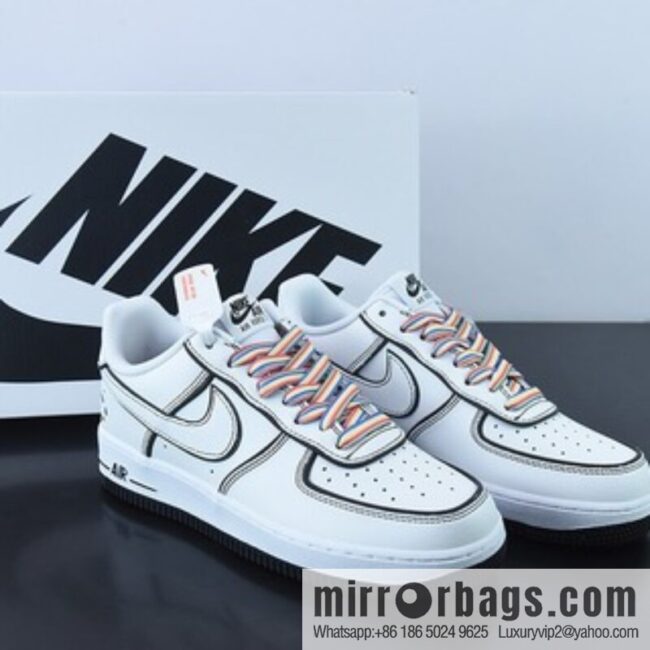 Nike Air Force 1 AF1 Air Force One/Low Top, White and Black, Rainbow Shoelace 3M Reflective Edition Item Number: GU6936-599