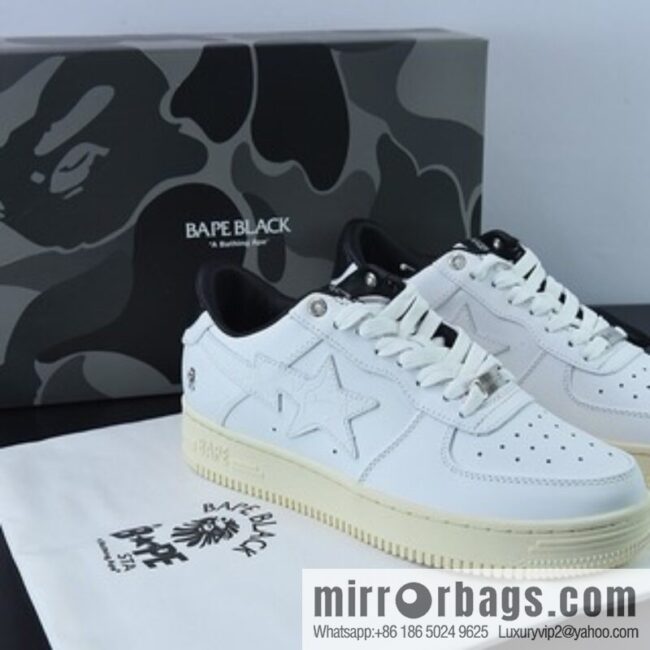 Bape Black Sta To Low Ape Head High End Branch Low Top Sports Casual Board Shoes, White and Black