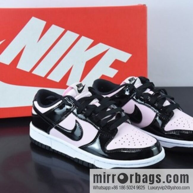 NK SB Dunk Low ESS \"Pink Black\" black powder patent leather low-top casual board shoes, item number: DJ9955-600
