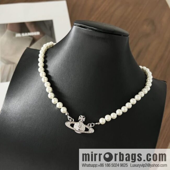 New ☑️ Vivienne Westwood Queen Mother Full Diamond Saturn Pearl Necklace