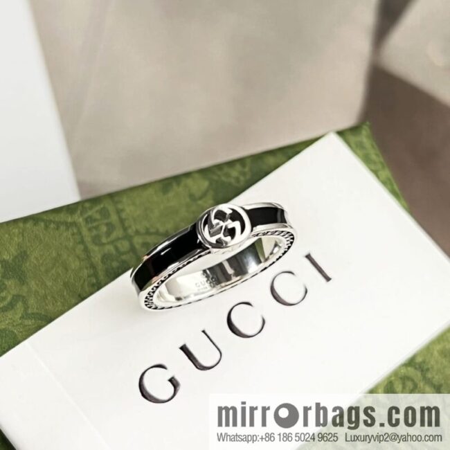 New Gucci Gucci His & Hers wide version narrow version double G black enamel ring