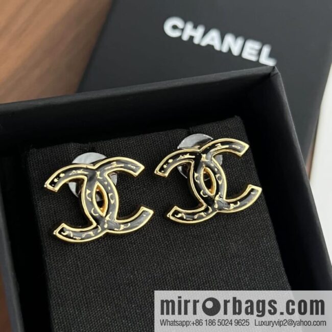 New ☑️ Chanel c1 double c white wavy black gold edge stud earrings