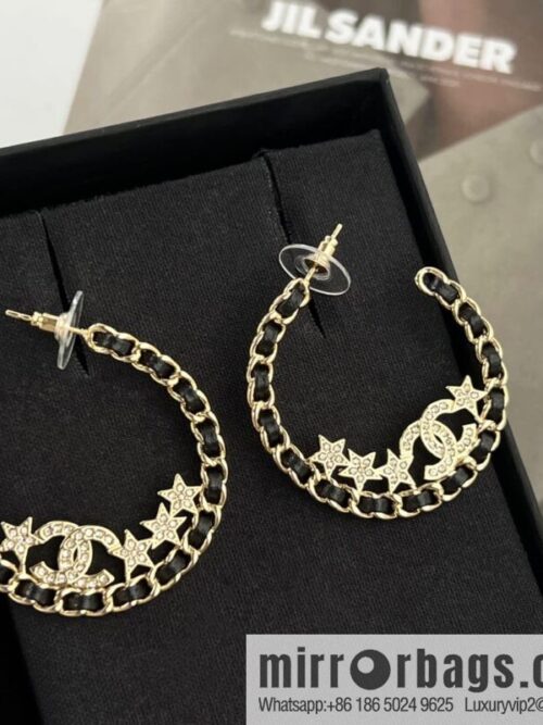 New ☑️ Chanel semi-round double c black leather rope star stud earrings