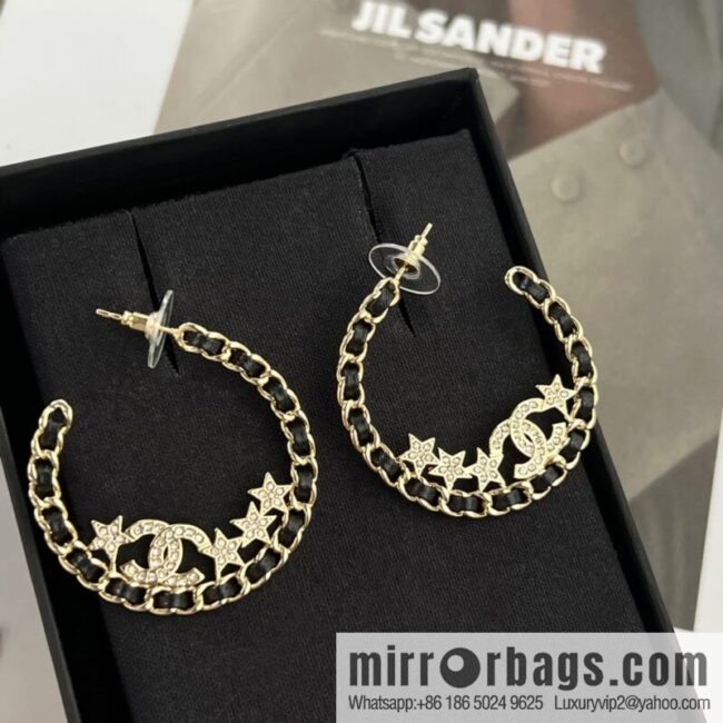 New ☑️ Chanel semi-round double c black leather rope star stud earrings