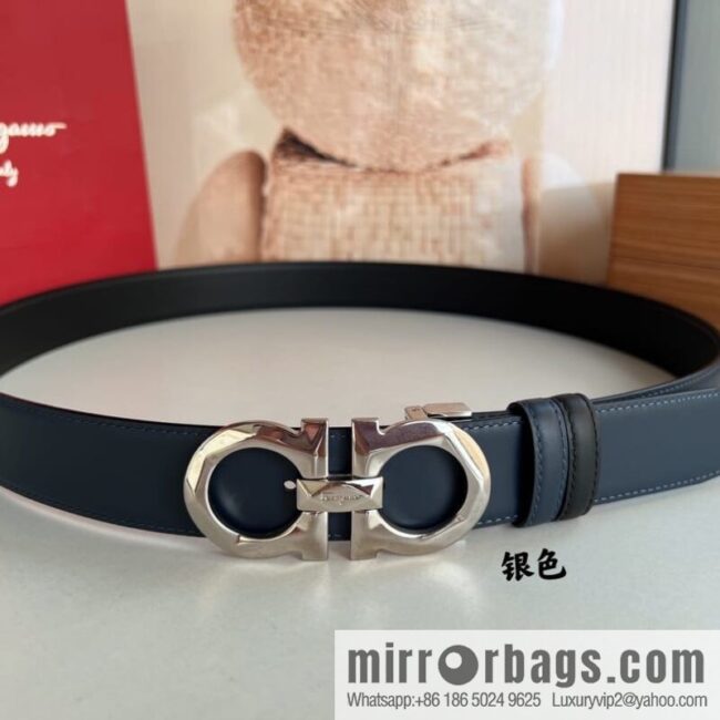 Salvatore Ferragamo Men\'s 3.5cm Delicate Double Circle Original Rhombus Buckle with First Cowhide Double Sided Belt